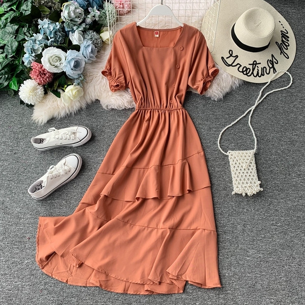 Модерна дамска дълга рокля с къс ръкав и копчета в няколко цвята