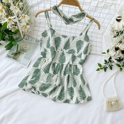 Дамски потник с тънки презрамки с флорален десен