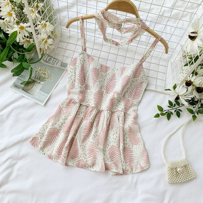 Дамски потник с тънки презрамки с флорален десен