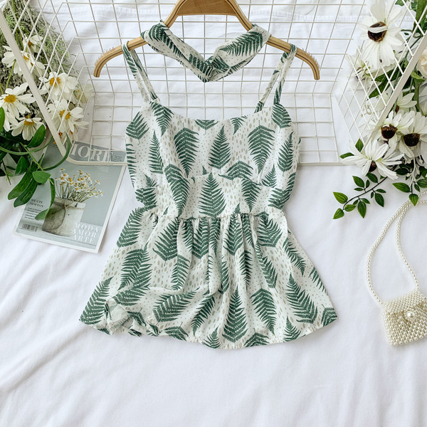 Дамски потник с тънки презрамки с флорален десен