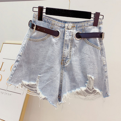 Дамски къси дънки с  колан и разкъсани мотиви