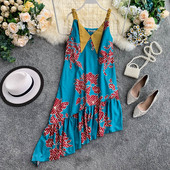 Модерна дамска асиметрична рокля с тънки презрамки в син цвят