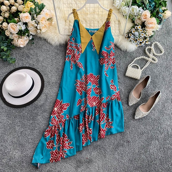 Модерна дамска асиметрична рокля с тънки презрамки в син цвят