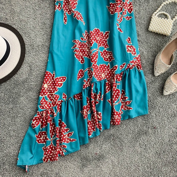 Rochie de damă modernă asimetrică cu bretele subțiri în albastru