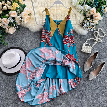 Модерна дамска асиметрична рокля с тънки презрамки в син цвят