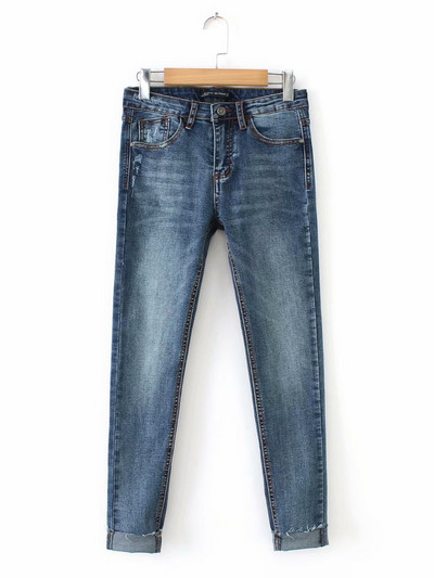 Blugi de dama cu talie standard in culoarea albastru inchis model uni