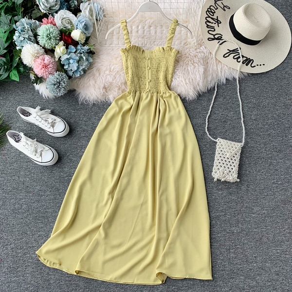 Ежедневна дълга дамска рокля с тънки презрамки и копчета и няколко цвята