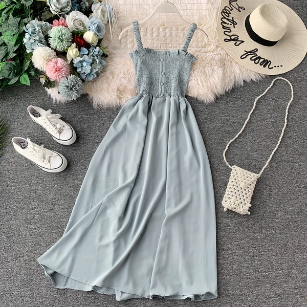 Ежедневна дълга дамска рокля с тънки презрамки и копчета и няколко цвята