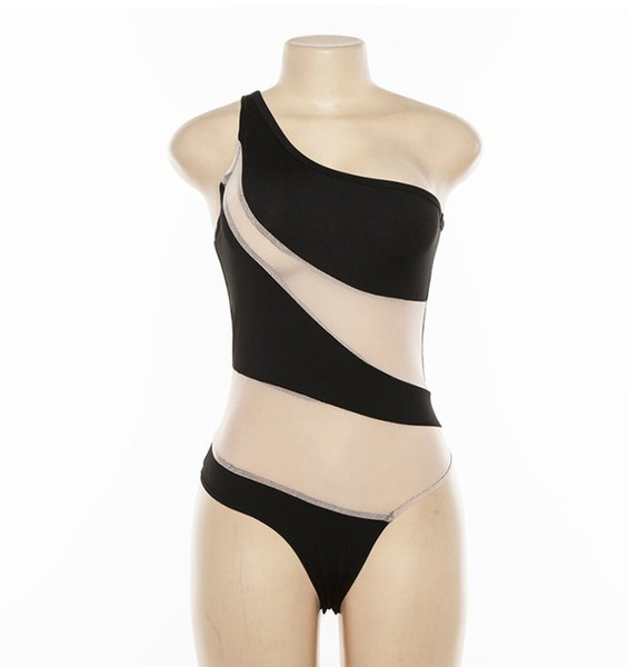 Модерен цял бански костюм с една презрамки и прозрачни части в черен цвят