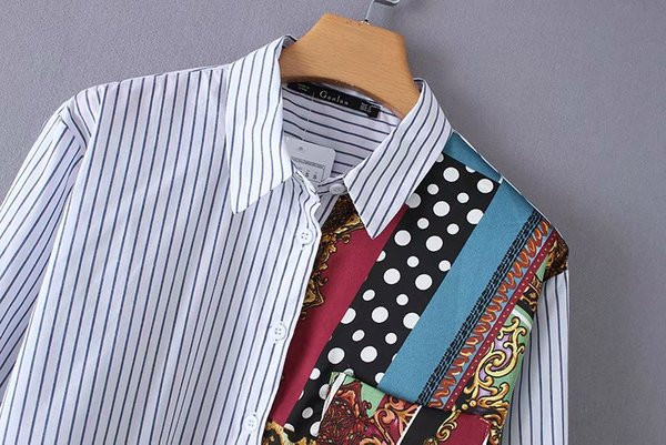 Дамска риза с класическа яка и дълъг ръкав с шарен десен и райе