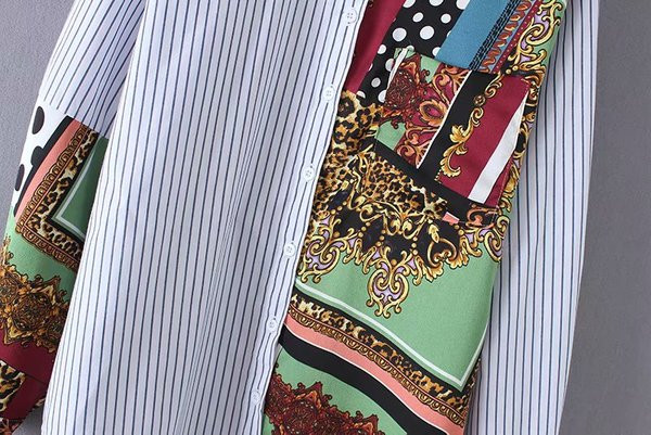 Дамска риза с класическа яка и дълъг ръкав с шарен десен и райе