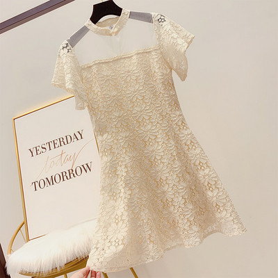 Дантелена дамска рокля в бял и розов цвят