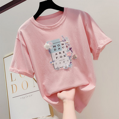 Модерна дамска тениска с 3D елемент цветя в четири цвята