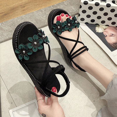 Ежедневни дамски сандали с 3D декорация в черен, бежов и зелен цвят