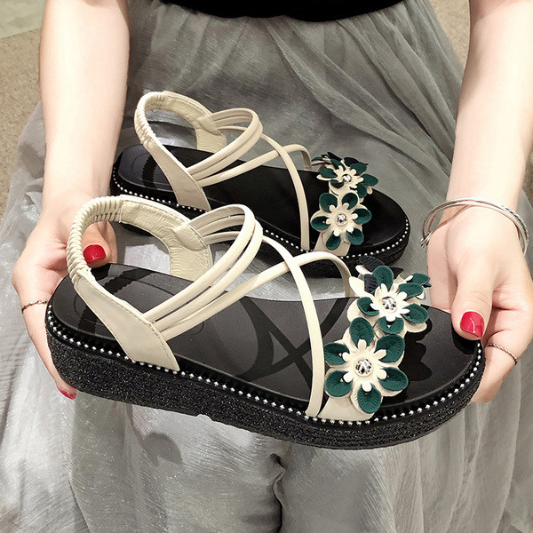 Ежедневни дамски сандали с 3D декорация в черен, бежов и зелен цвят