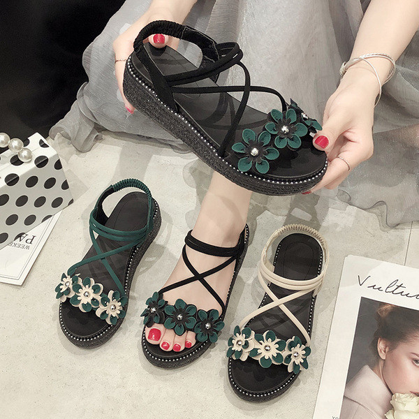 Ежедневни дамски сандали с 3D декорация в черен, бежов и зелен цвят