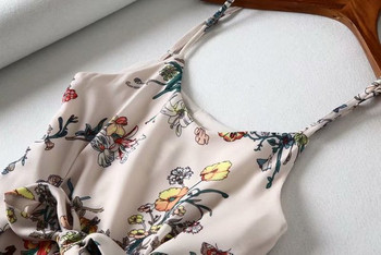 Дамска ежедневна рокля с тънки презрамки и панделка с флорален десен