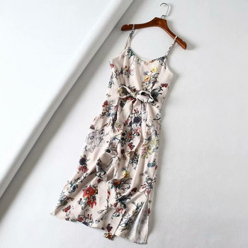 Дамска ежедневна рокля с тънки презрамки и панделка с флорален десен
