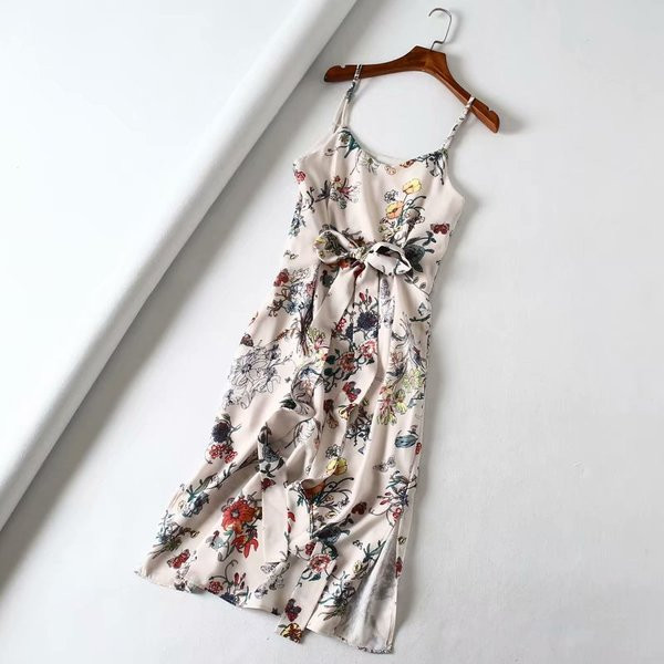 Дамска ежедневна рокля с тънки презрамки и панделка с флорален десен