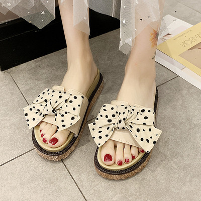 Ежедневни дамски чехли с панделка в черен и бежов цвят