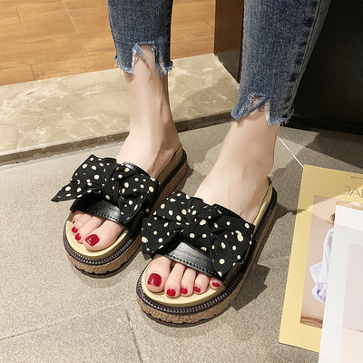 Ежедневни дамски чехли с панделка в черен и бежов цвят