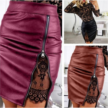 Модерна дамска пола от еко кожа с дантела в три цвята