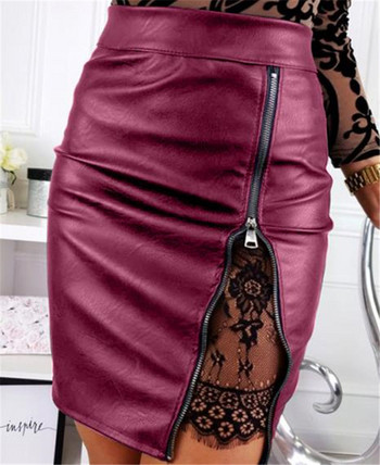 Модерна дамска пола от еко кожа с дантела в три цвята