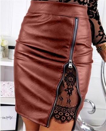 Модерна дамска пола от еко кожа с дантела в три цвята