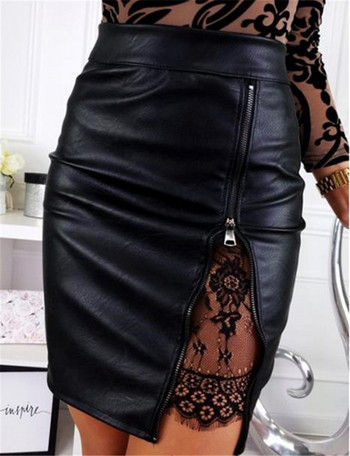 Модерна дамска пола от еко кожа с дантела в три цвята