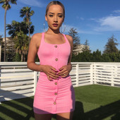 Дамска рипсена рокля с копчета в розов и жълт цвят