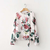 Дамска блуза с дълъг ръкав и връзка на талията или дълъг панталон с флорален десен