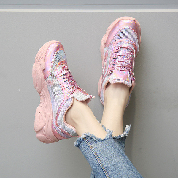 Ежедневни дамски маратонки с груба подметка в розов и сив цвят