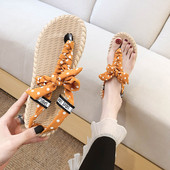 Ежедневни дамски чехли с равна подметка и панделка в няколко цвята