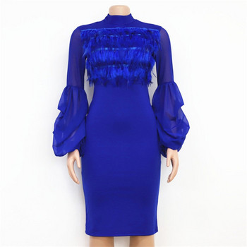 Модерна дамска рокля с дълъг ръкав с пера в няколко цвята