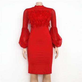 Модерна дамска рокля с дълъг ръкав с пера в няколко цвята