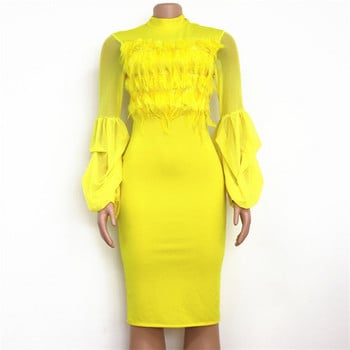 Модерна дамска рокля с дълъг ръкав с пера в няколко цвята