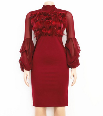 Модерна дамска рокля с дълъг ръкав с пера в няколко цвята