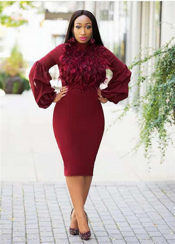 Модерна дамска рокля с дълъг ръкав с пера в няколко цвята