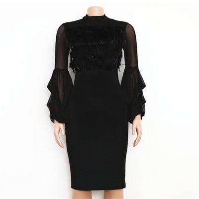 Модерна дамска рокля с дълъг ръкав с пера в няколко цвята