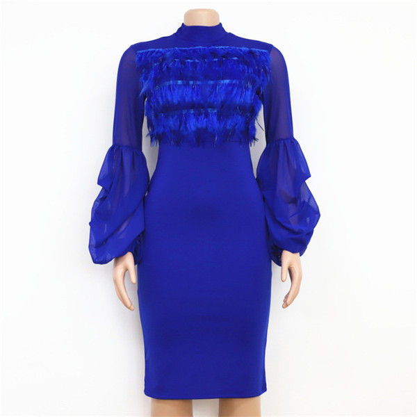 Модерна дамска рокля с дълъг ръкав с пера в няколко цвята