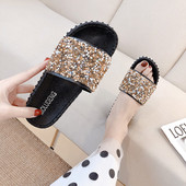 Ежедневни дамски чехли с равна подметка и камъни в два цвята