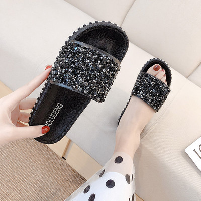 Ежедневни дамски чехли с равна подметка и камъни в два цвята