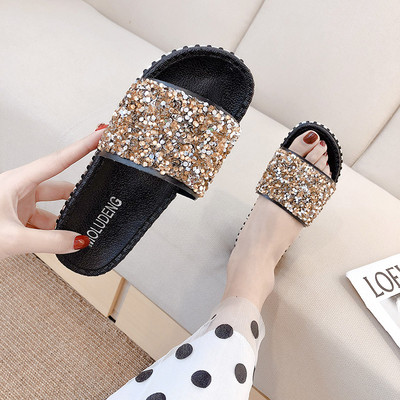 Ежедневни дамски чехли с равна подметка и камъни в два цвята