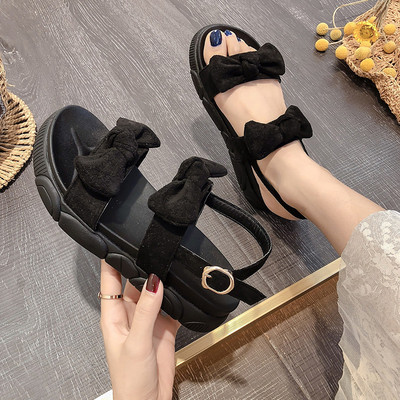 Ежедневни дамски сандали с панделка от еко велур в бял и черен цвят