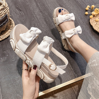 Ежедневни дамски сандали с панделка от еко велур в бял и черен цвят