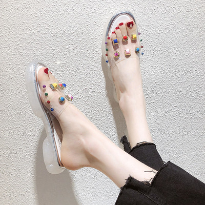 Модерни дамски чехли с равна подметка и цветни камъни