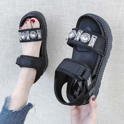 Ежедневни дамски сандали с цветни камъни в сребрист и зелен цвят