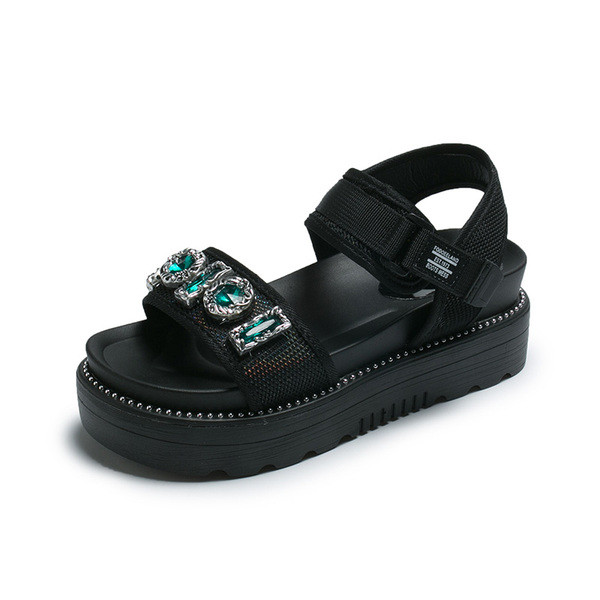 Ежедневни дамски сандали с цветни камъни в сребрист и зелен цвят