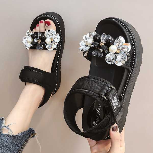 Дамски модерни сандали с равна подметка и камъни 