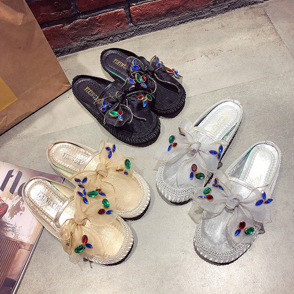 Ежедневни дамски чехли с панделка и камъни в няколко цвята